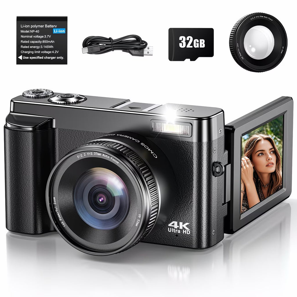 SONGDIAN 4K 48MP Vlogging Camera with 180° Flip Screen & 32GB Kit