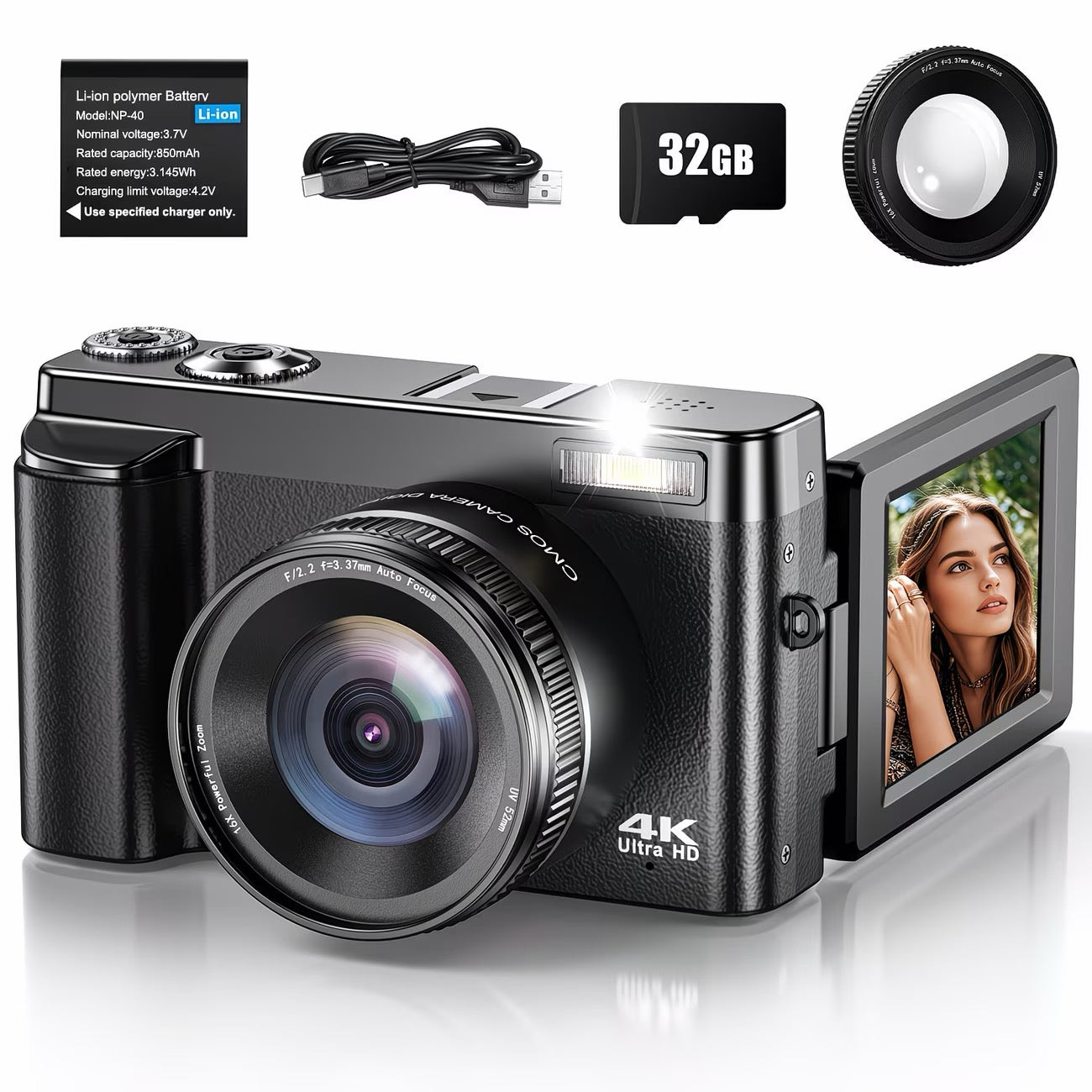 SONGDIAN 4K 48MP Vlogging Camera with 180° Flip Screen & 32GB Kit